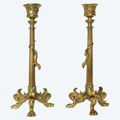 Pair of gilt bronze candlesticks decorated with lizards