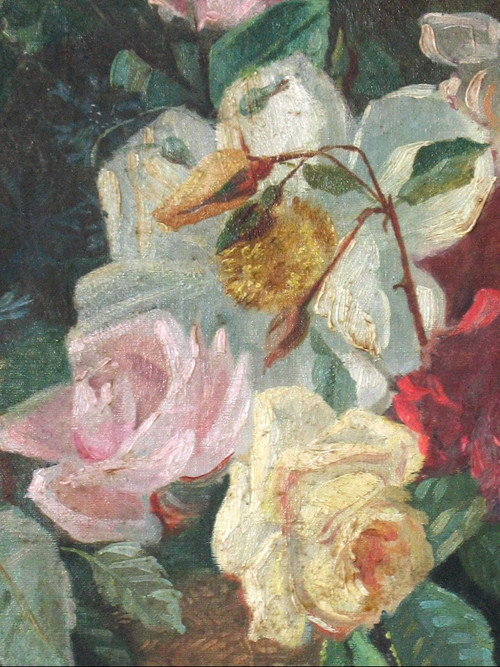 Large oil on canvas with flowers and fruits 19th century