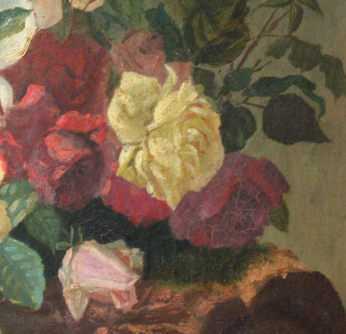 Large oil on canvas with flowers and fruits 19th century