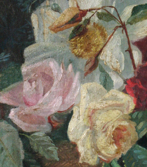 Large oil on canvas with flowers and fruits 19th century