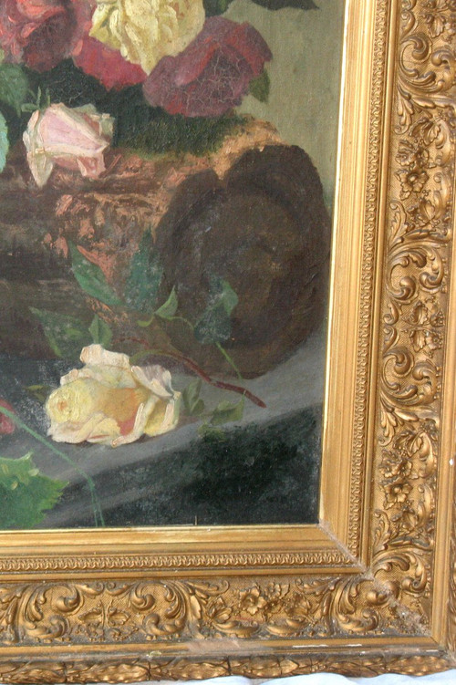 Large oil on canvas with flowers and fruits 19th century