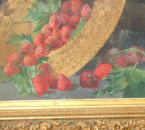 Large oil on canvas with flowers and fruits 19th century