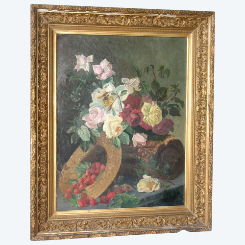 Grande huile sur toile avec bouquet de fleurs et fruits époque 19ème