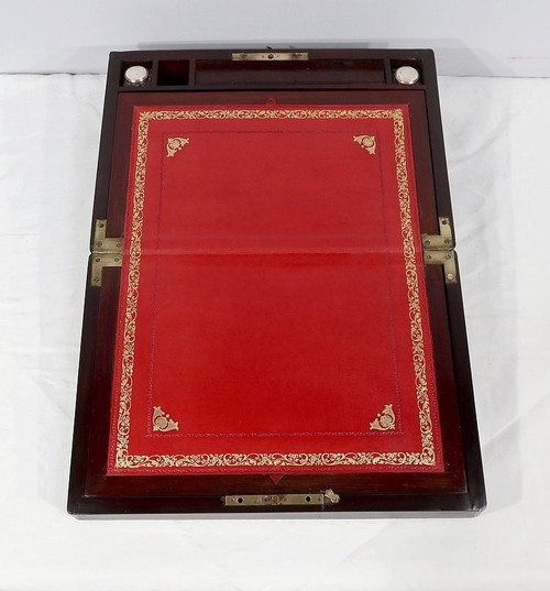 Tavolino da viaggio in legno pregiato e intarsi in osso e ottone, periodo Napoleone III - metà del XIX secolo