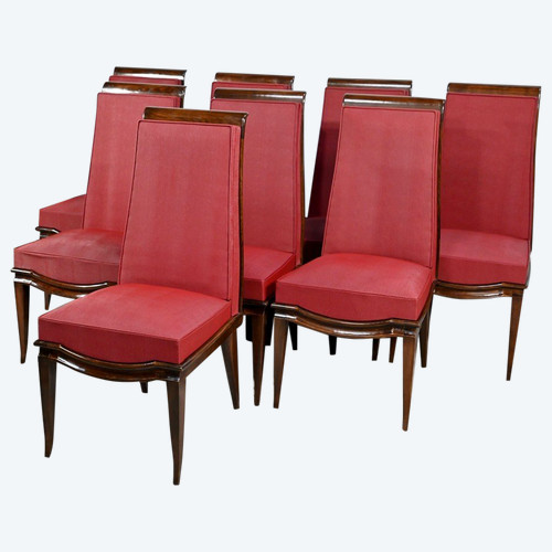 Suite of 8 Solid Beech Chairs, attributed to J.Leleu, Art Deco - 1940