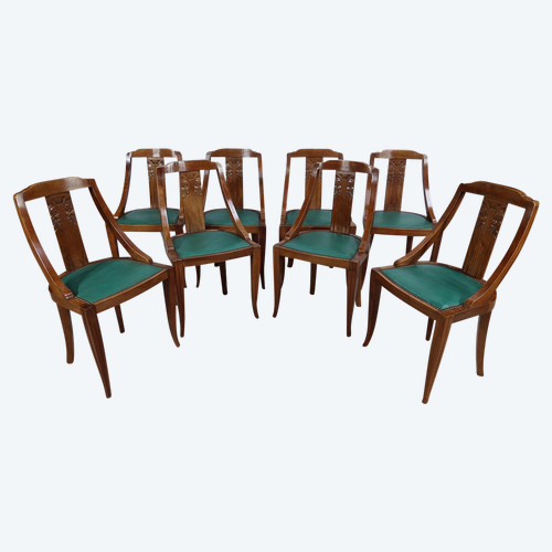 Suite of 8 Solid Walnut Gondola Chairs, Art Deco - 1930