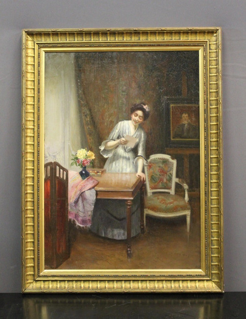 Öl Auf Leinwand Frau Mit Brief Von Alfred Martin Datiert 1904