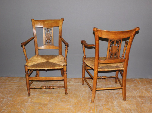 Pairs of Directoire straw-covered armchairs, early 19th century
