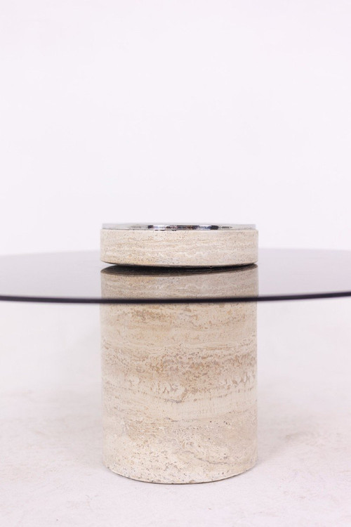 Table Basse En Travertin Et Verre Fumé, Années 1970, LS56701009C