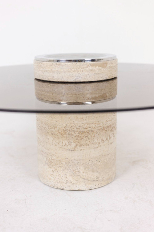 Table Basse En Travertin Et Verre Fumé, Années 1970, LS56701009C