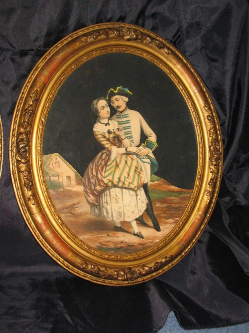 Ein Paar geschnitzte Rahmen im Restaurationsstil aus Holz und vergoldetem Staffagewerk 19.