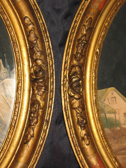 Ein Paar geschnitzte Rahmen im Restaurationsstil aus Holz und vergoldetem Staffagewerk 19.
