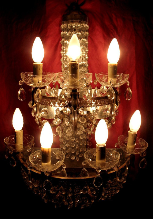 Grande applique en laiton et pampilles à 7 lumières Origine italienne années 40-50