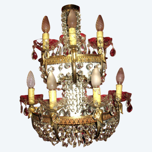 Large 7-light brass sconce with pendants Italian origin, 40s-50s