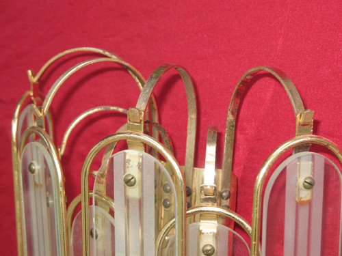 Glass and gilded metal chandelier with 6 sconces from the 60s and 70s