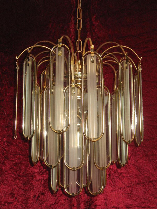Glass and gilded metal chandelier with 6 sconces from the 60s and 70s