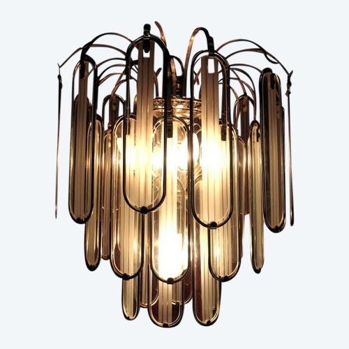 Glass and gilded metal chandelier with 6 sconces from the 60s and 70s