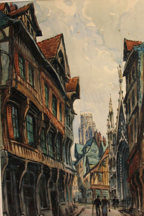 Pierre Le Trividic watercolor animated street of Rouen School of Rouen