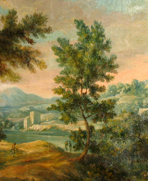 Animated Italian landscape oil on canvas oval 19th century