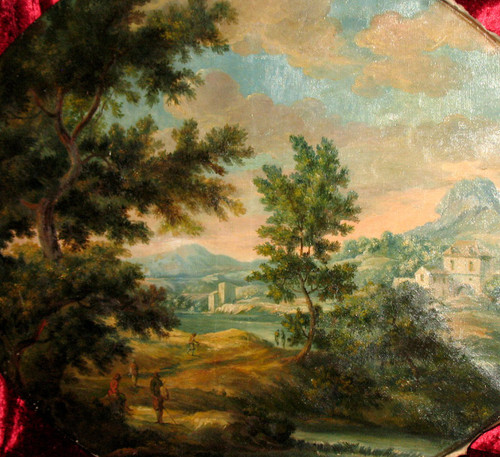 Animated Italian landscape oil on canvas oval 19th century