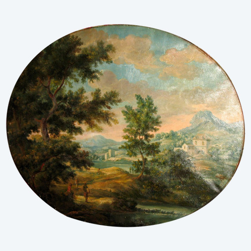 Animated Italian landscape oil on canvas oval 19th century