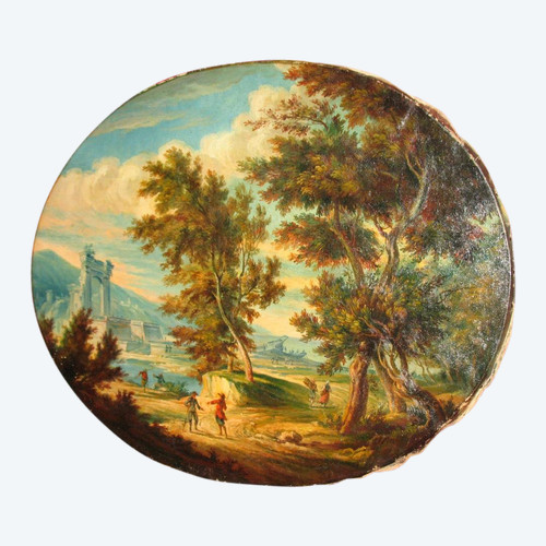 Belebte italienische Landschaft Öl auf Leinwand oval 19.