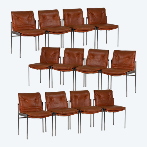 Serie di due sedie in pelle e metallo cromato, anni 1970, LS51841207B