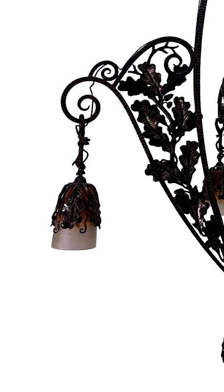 Lustre En Fer Forgé Années 1930 Art Déco Aux Tulipes Colorées Fer Forgé De Très Grande Qualité,