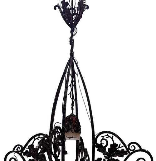 Lustre En Fer Forgé Années 1930 Art Déco Aux Tulipes Colorées Fer Forgé De Très Grande Qualité,