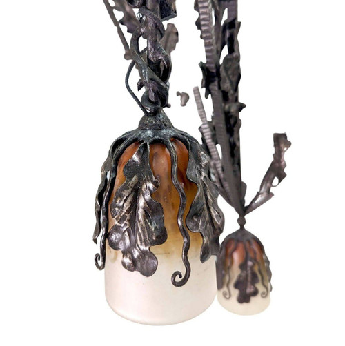 Lustre En Fer Forgé Années 1930 Art Déco Aux Tulipes Colorées Fer Forgé De Très Grande Qualité,