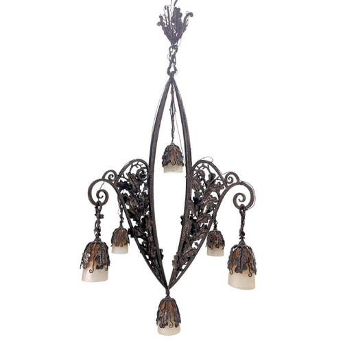 Lustre En Fer Forgé Années 1930 Art Déco Aux Tulipes Colorées Fer Forgé De Très Grande Qualité,