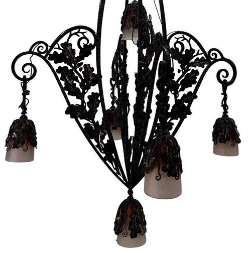 Lustre En Fer Forgé Années 1930 Art Déco Aux Tulipes Colorées Fer Forgé De Très Grande Qualité,