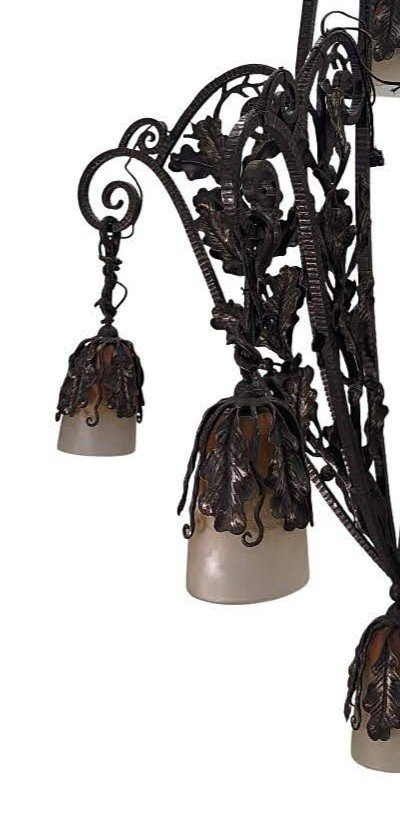 Lustre En Fer Forgé Années 1930 Art Déco Aux Tulipes Colorées Fer Forgé De Très Grande Qualité,