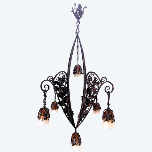 1930s Art Deco Wrought Iron Chandelier With Colorful Tulips Very High Quality Wrought Iron,