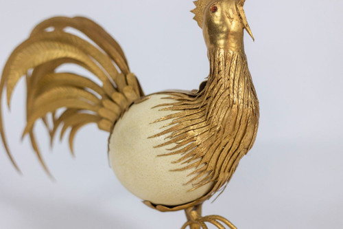 Gallo in uovo di struzzo e ottone dorato, anni '70, Ls5591125d