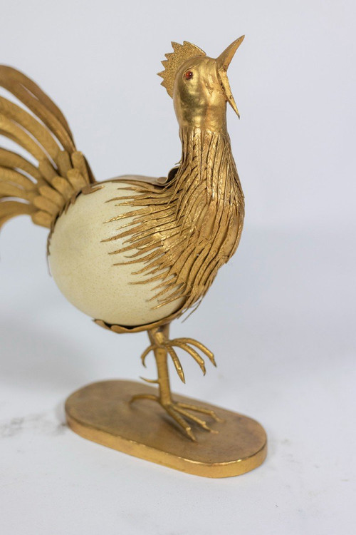 Gallo in uovo di struzzo e ottone dorato, anni '70, Ls5591125d