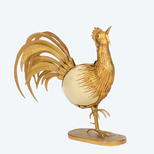 Gallo in uovo di struzzo e ottone dorato, anni '70, Ls5591125d
