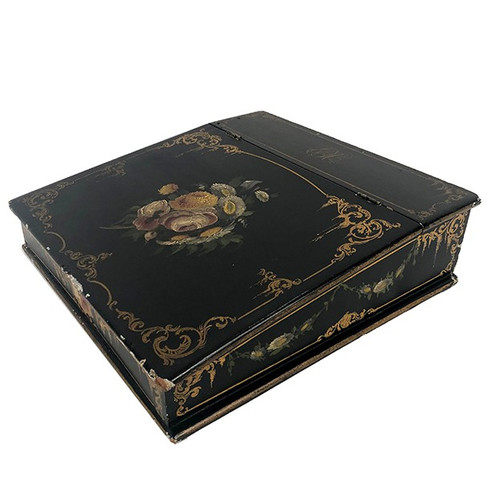 Schreibkasten aus ebonisiertem Holz, verziert mit Blumen und Burgauté-Dokumentenhalter, Napoleon III