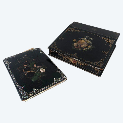 Writing box in ebonized wood decorated with flowers and burgauté document holder, Napoleon III