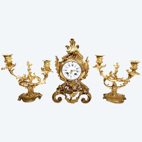Pendulum Rockery Trim In Gilt Bronze Louis XV Style, Late Nineteenth Time