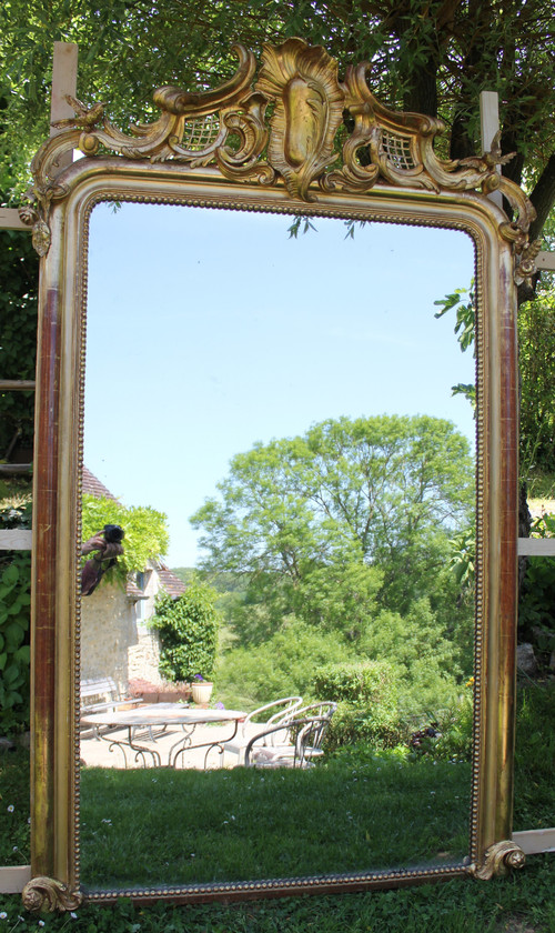Très Grand Miroir Ancien à Poser Au Sol, Feuille d'Or, Glace Mercure, 135 X 213 Cm