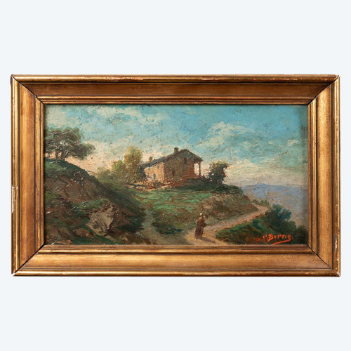 Oil Landscape Signed Burns, 19th Century