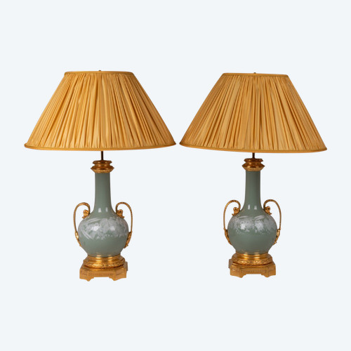 Pair Of Celadon And Bronze Porcelain Lamps, Circa 1880, LS53501172