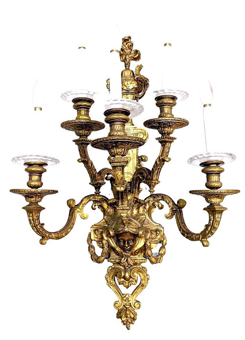 Spectaculaire Paire d'Appliques Bronze Doré Têtes De Nubiens Style Louis XIV  Nap III