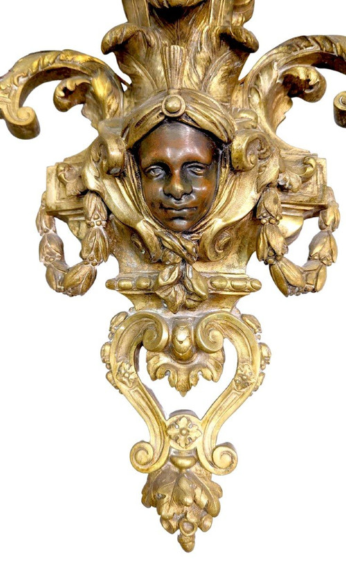 Spectaculaire Paire d'Appliques Bronze Doré Têtes De Nubiens Style Louis XIV  Nap III