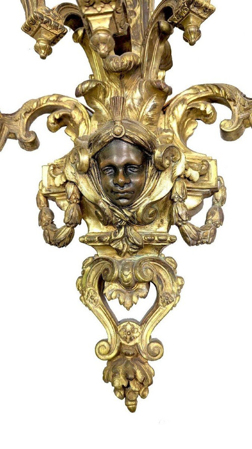 Spectaculaire Paire d'Appliques Bronze Doré Têtes De Nubiens Style Louis XIV  Nap III