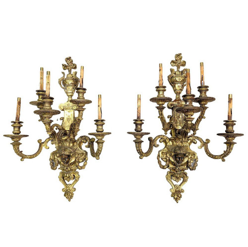 Spectaculaire Paire d'Appliques Bronze Doré Têtes De Nubiens Style Louis XIV  Nap III