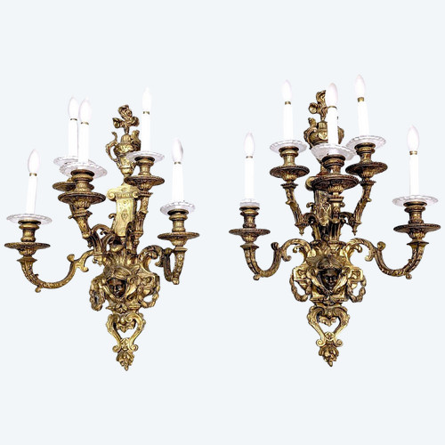 Spectaculaire Paire d'Appliques Bronze Doré Têtes De Nubiens Style Louis XIV  Nap III