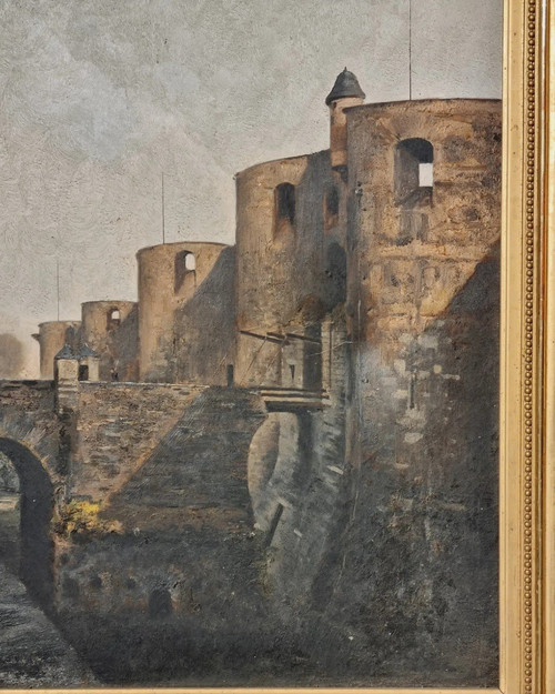 Importante olio su tela "l'ingresso al castello d'Angers.