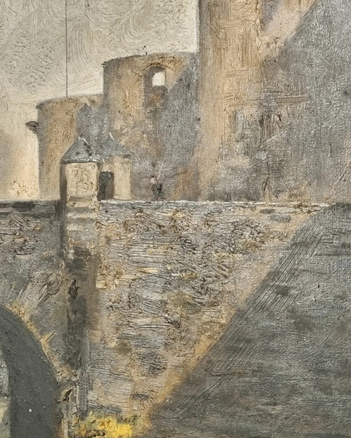 Importante olio su tela "l'ingresso al castello d'Angers.